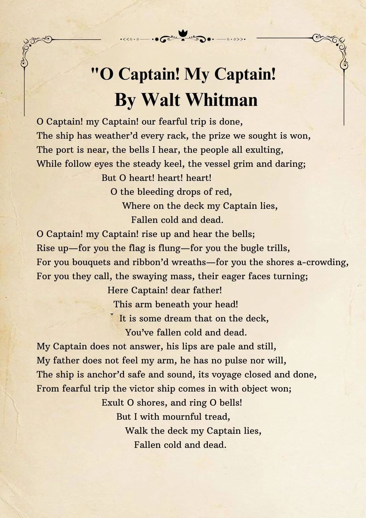 A page from a book or poem titled 'O Captain! My Captain!' by Walt Whitman, containing the text of the poem.