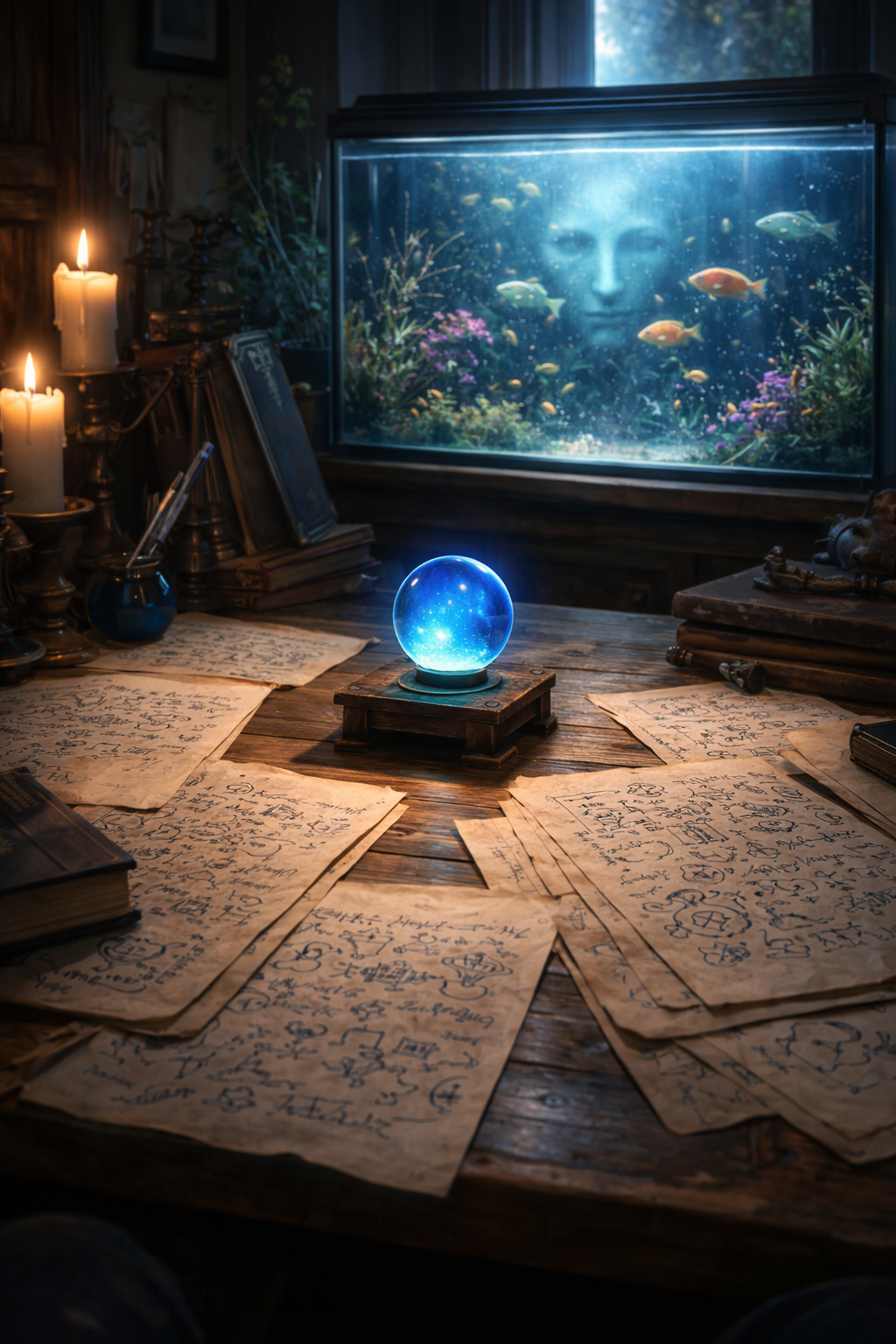 A mystical room with an illuminated crystal ball on a wooden table, surrounded by scattered handwritten notes, lit candles, and books, with an aquarium in the background projecting a face's reflection across the glass.