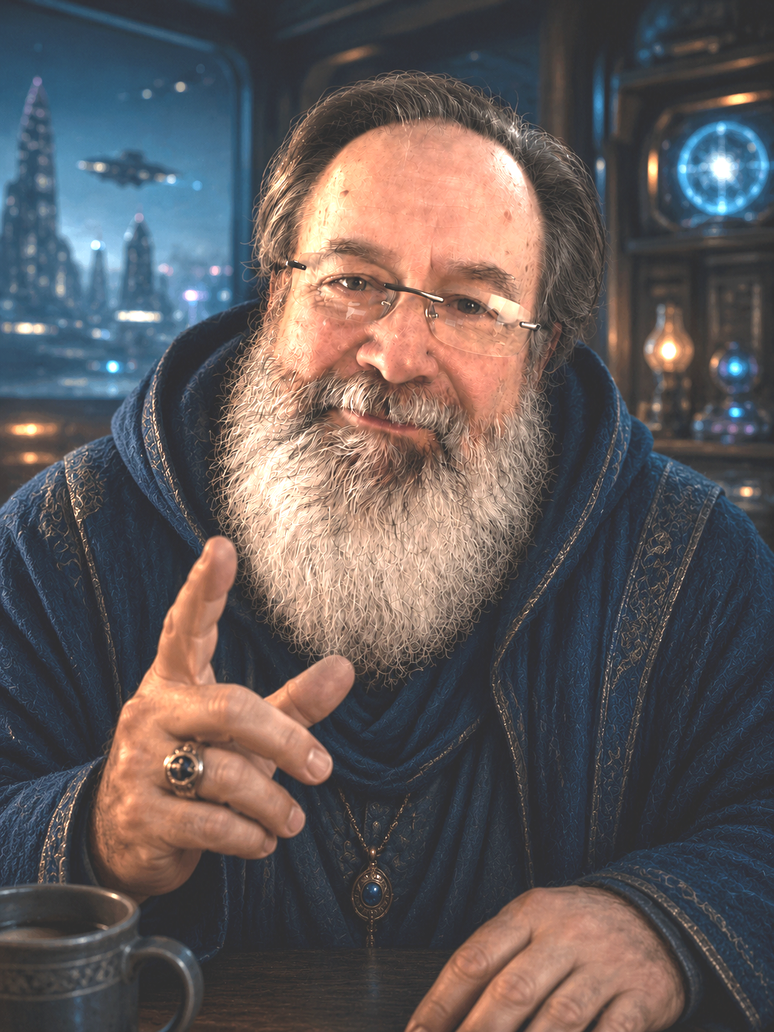 A bearded man with glasses smiling and pointing his finger, wearing a blue robe with gold accents and a pendant necklace, seated at a table with a mug, with a sci-fi cityscape visible through the window in the background.