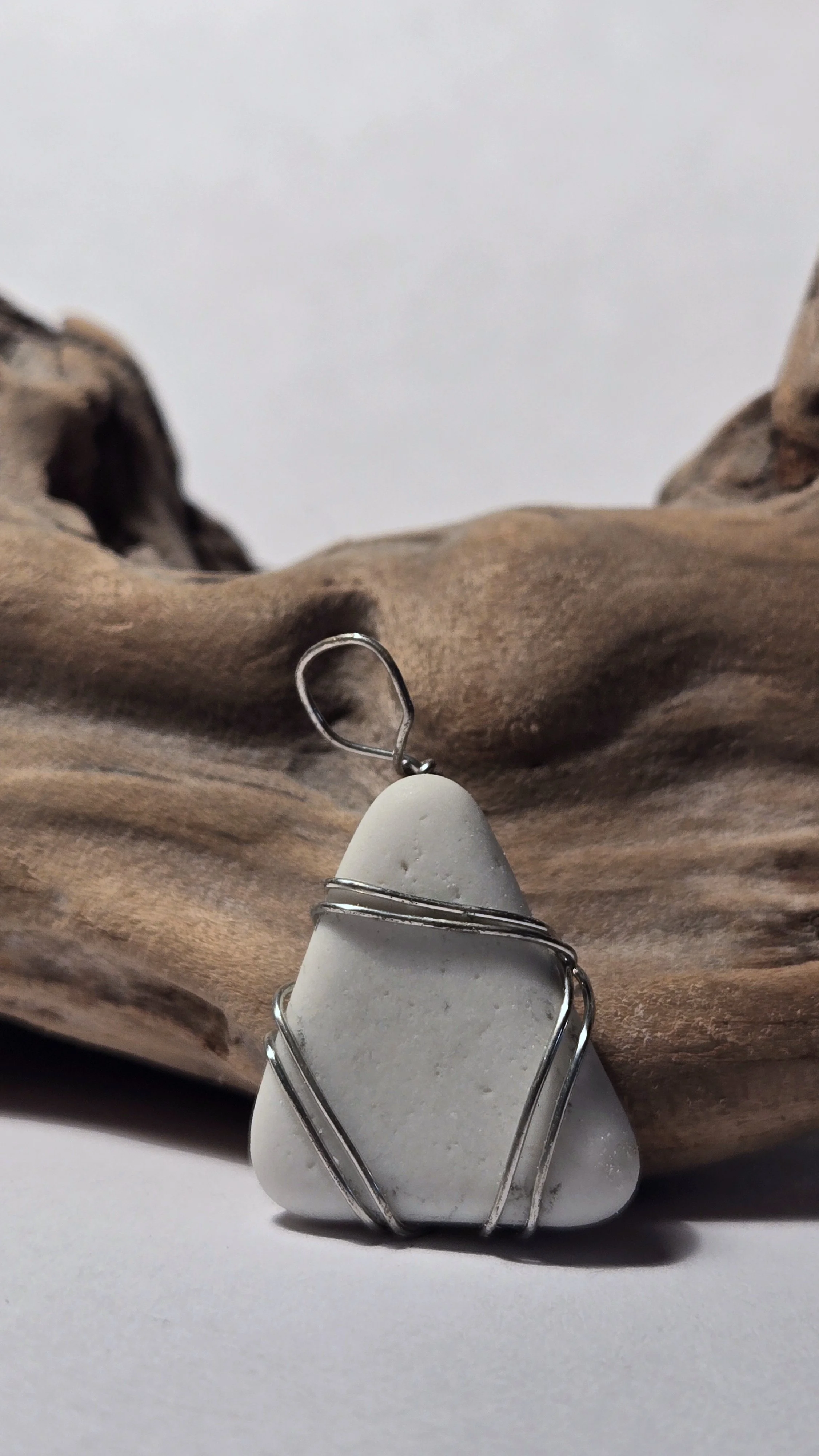 White triangle tile fragment pendant with silver wire