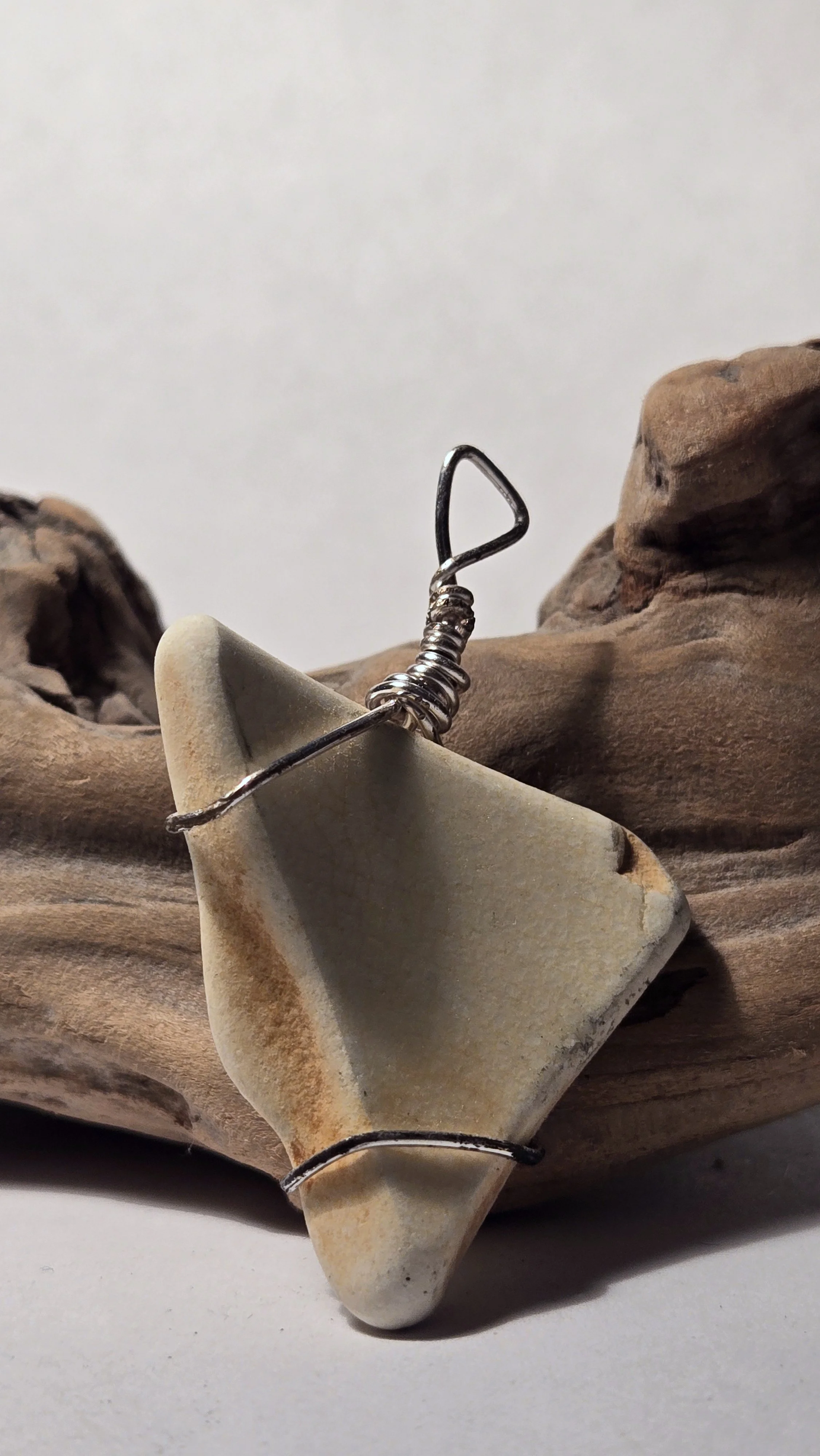 Cream crackle tile pendant with silver wire