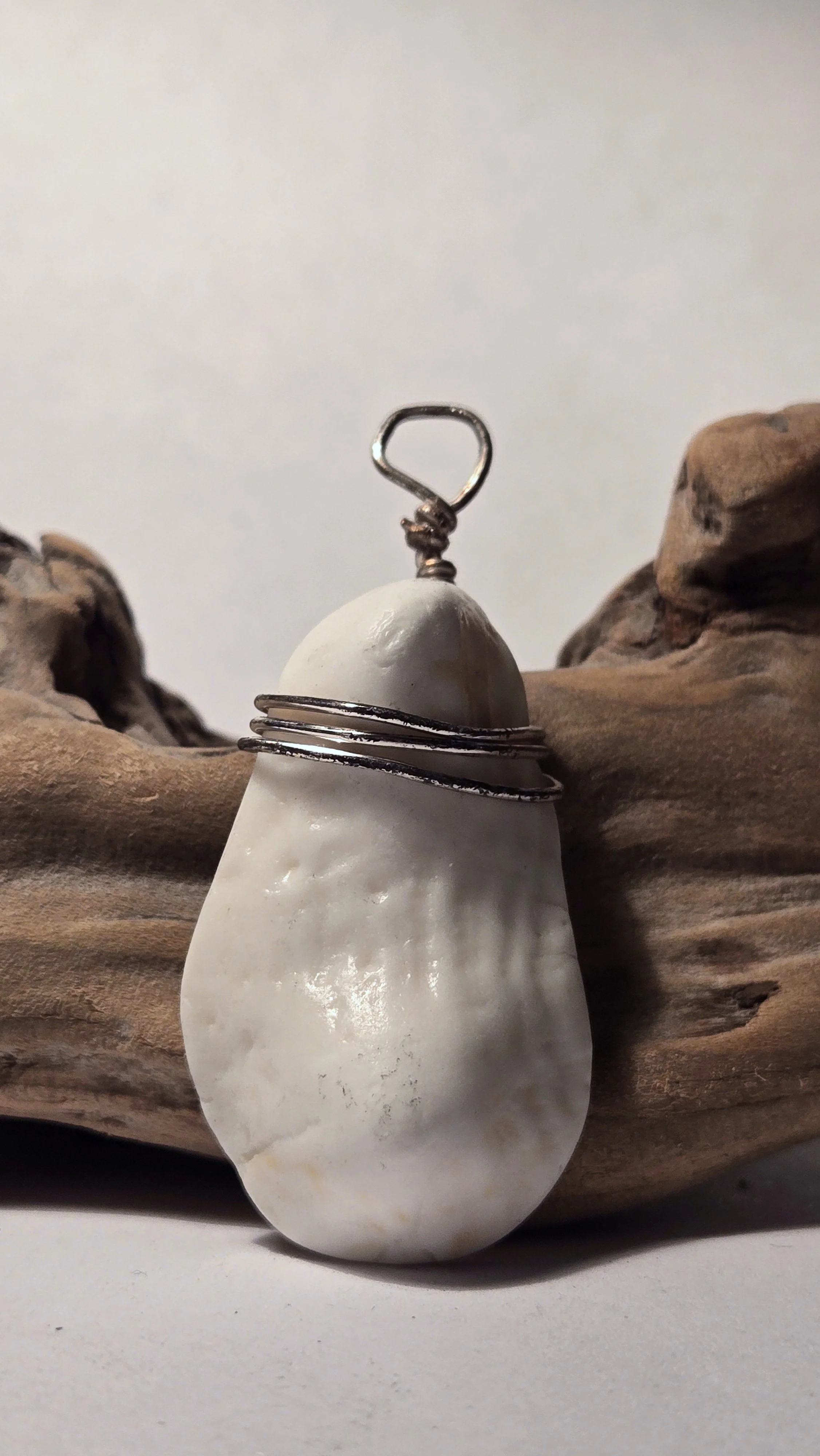 Weathered shell pendant with silver wire