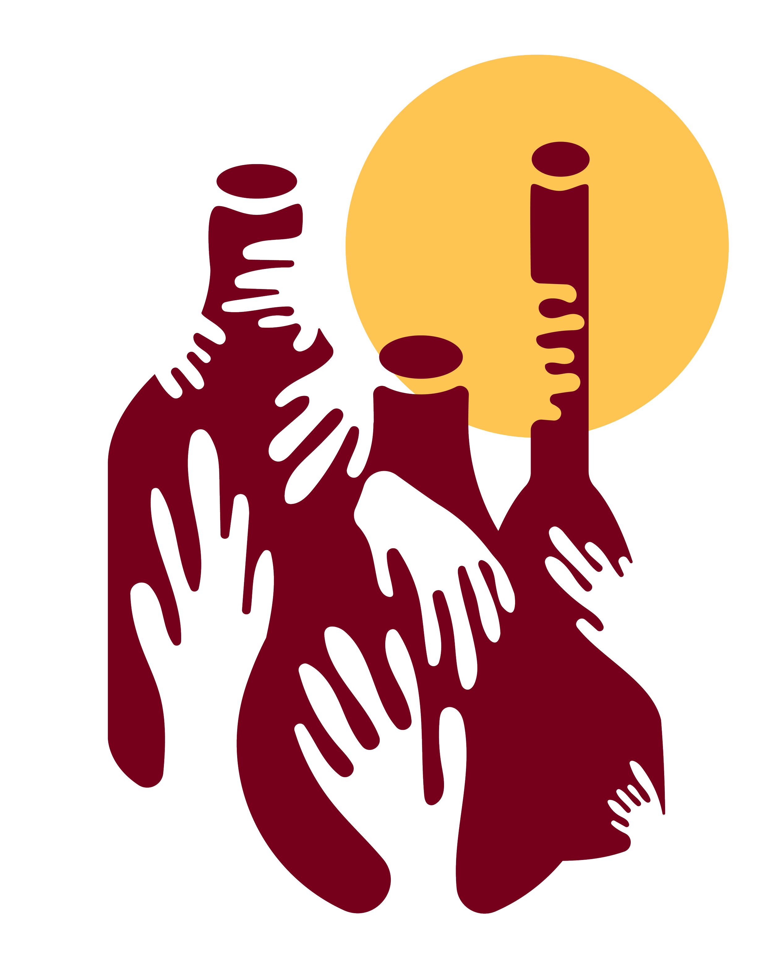 Abstract graphic of two hands holding a circle with a vertical line, using dark red and yellow colors.
