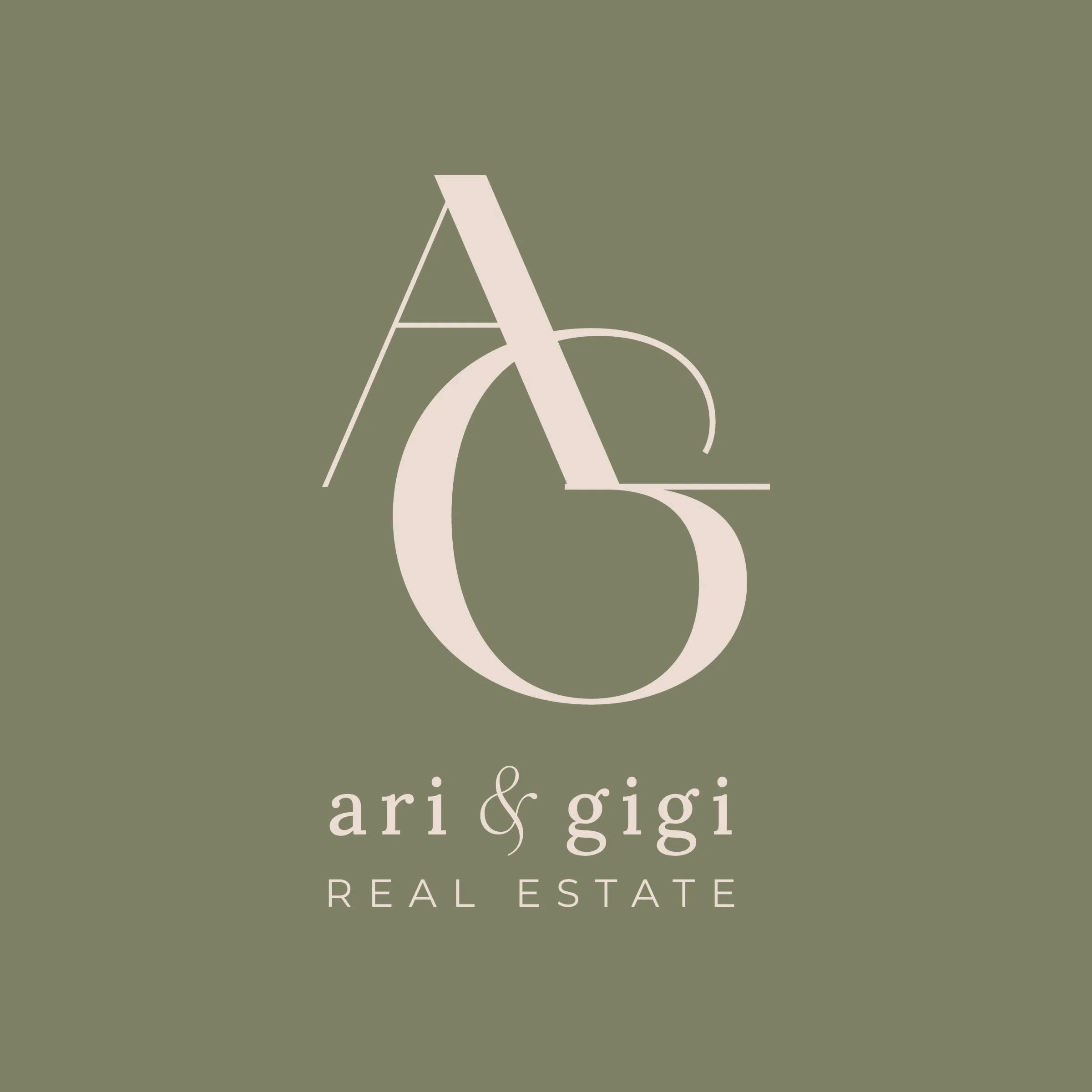 Logo for Ari & Gigi Real Estate featuring stylized letters 'A', '&', and 'G' in beige on a muted green background with the company name below.