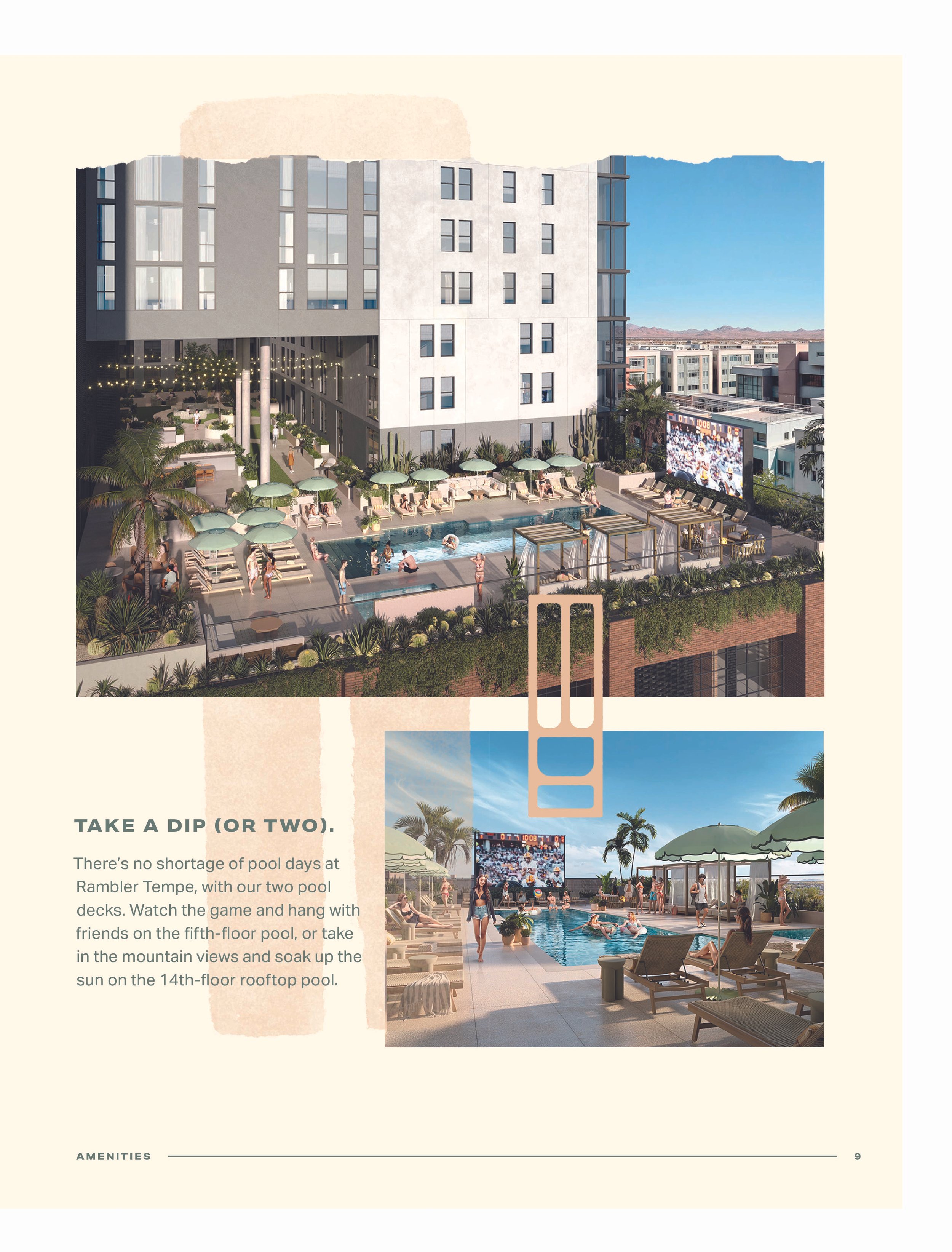 A rooftop pool area with lounge chairs, umbrellas, and a large screen, surrounded by modern buildings and city skyline in the background.