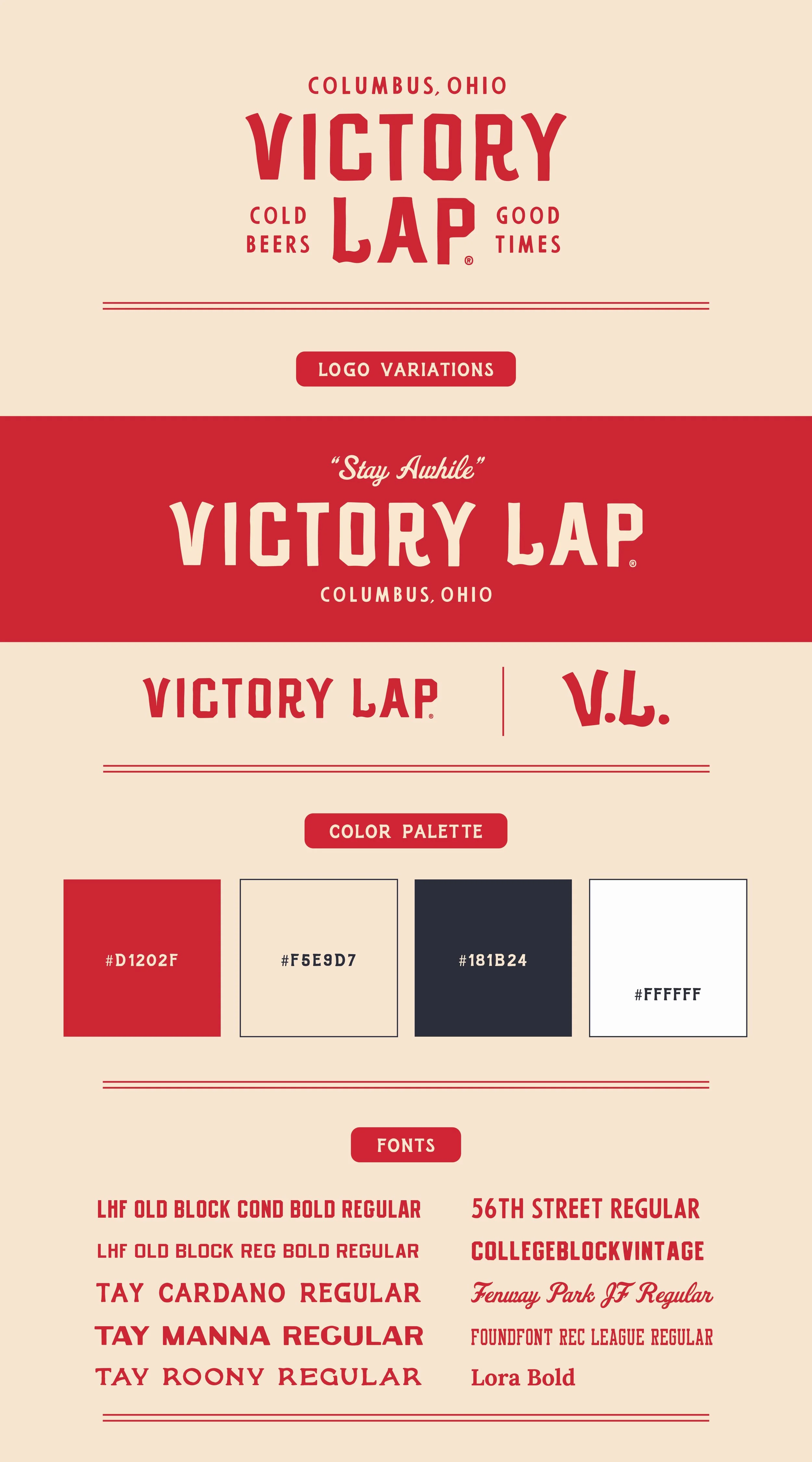 Design mockup displaying various logos and branding elements for "Victory Lap," a bar in Columbus, Ohio. It features logo variations, a color palette with four color codes, and a list of fonts.