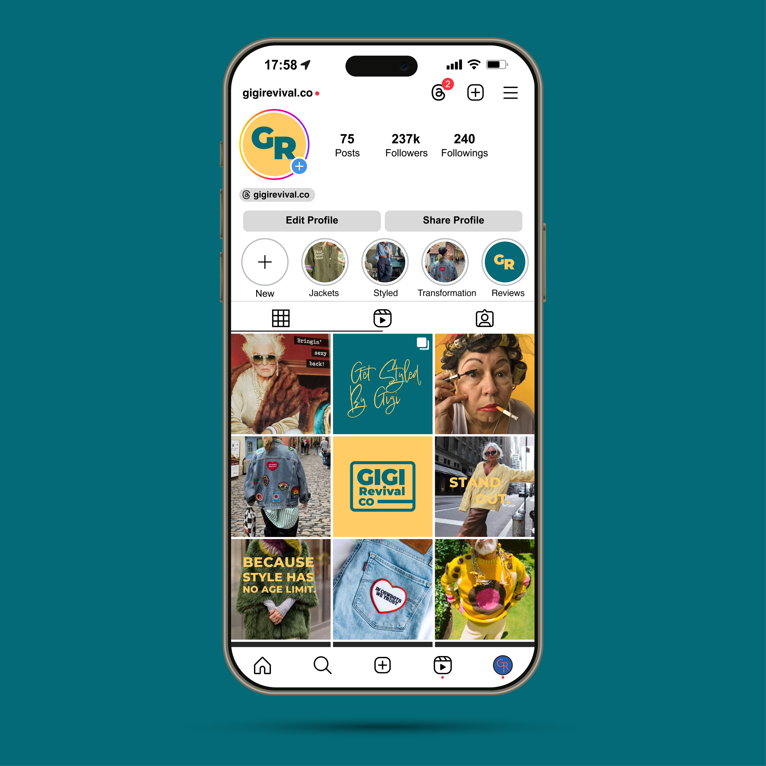 Instagram profile page on a smartphone with a teal background, showing the profile 'gigirvival.co' featuring photos, stories, and graphic posts about fashion and style, including images of people in fashionable clothing and accessories.