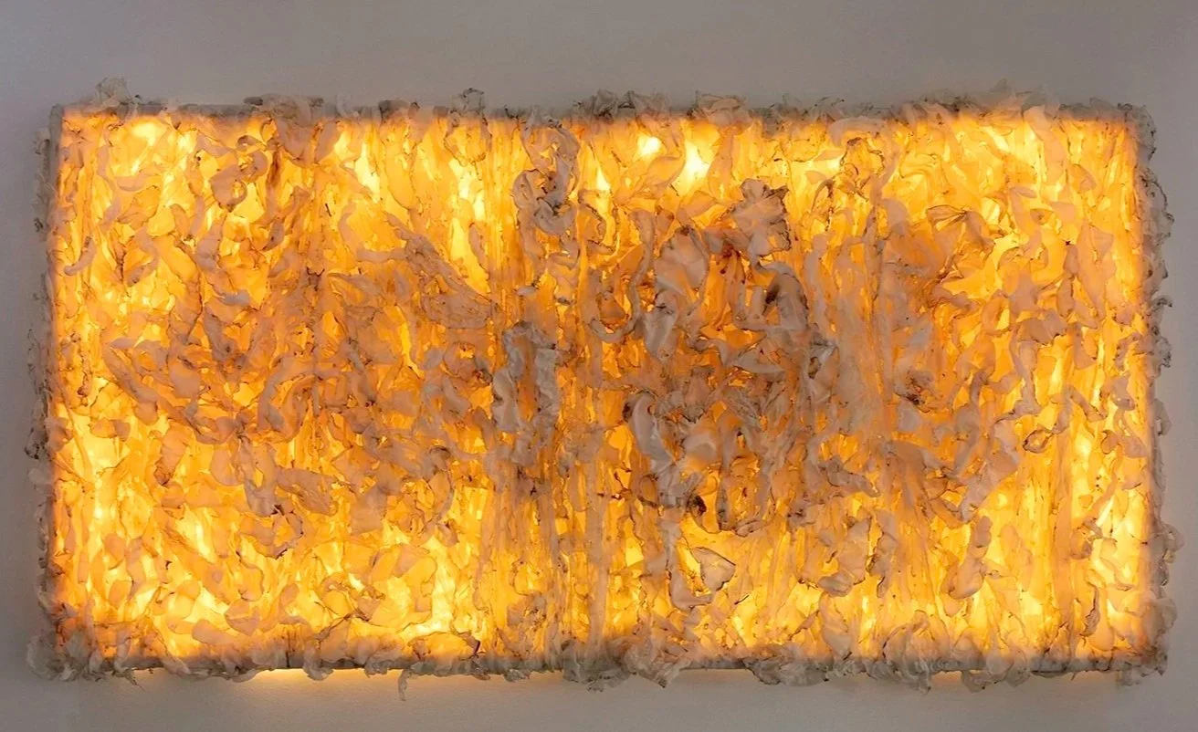 Golden Rise, scorched fabric, LED light