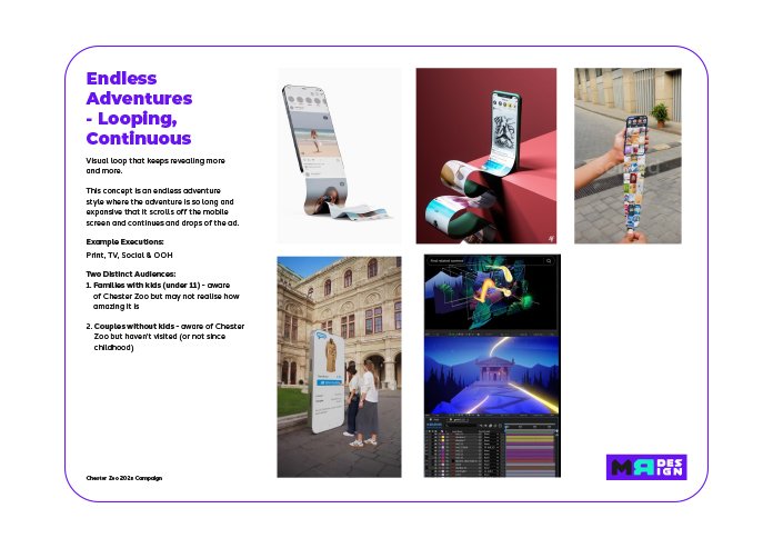A presentation slide titled 'Endless Adventures - Looping, Continuous' showing various innovative display and digital entertainment concepts, including smartphones with looping screens, outdoor interactive displays, and digital art environments.