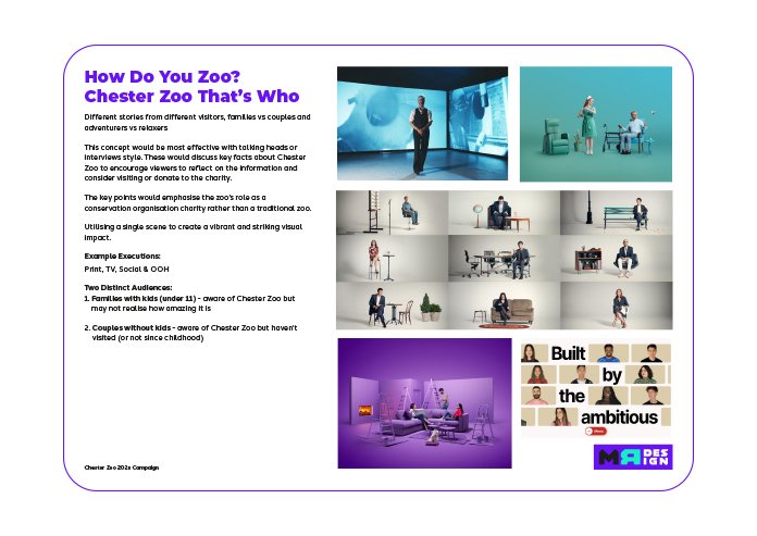 A presentation slide titled "How Do You Zoo? Chester Zoo That's Who" explaining the zoo's role in conservation and engaging visitors, with images of children and families in colorful, relaxed scenes, and a purple-themed space with lounge chairs and a computer.