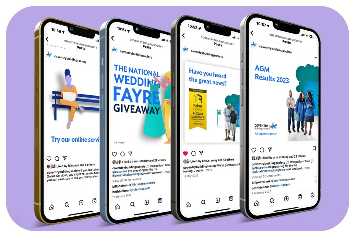new brand identity in 2020 for the Coventry Building Society - Social posts