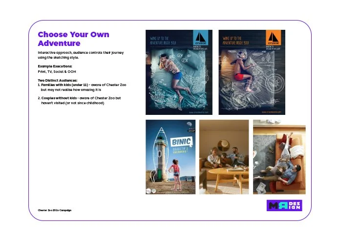 A presentation slide titled 'Choose Your Own Adventure' with images of children and teens engaging in various activities, including riding a bike, playing with toys, and relaxing indoors.