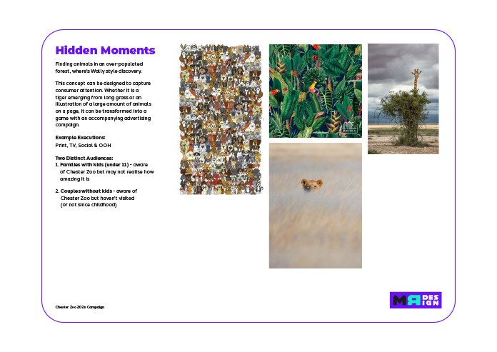 A page from a publication titled 'Hidden Moments' with photographs of animals in nature, including a dense collection of animal illustrations, a lush jungle scene, a tree in a coastal area, a small animal on sand, and a large animal silhouette in the desert.