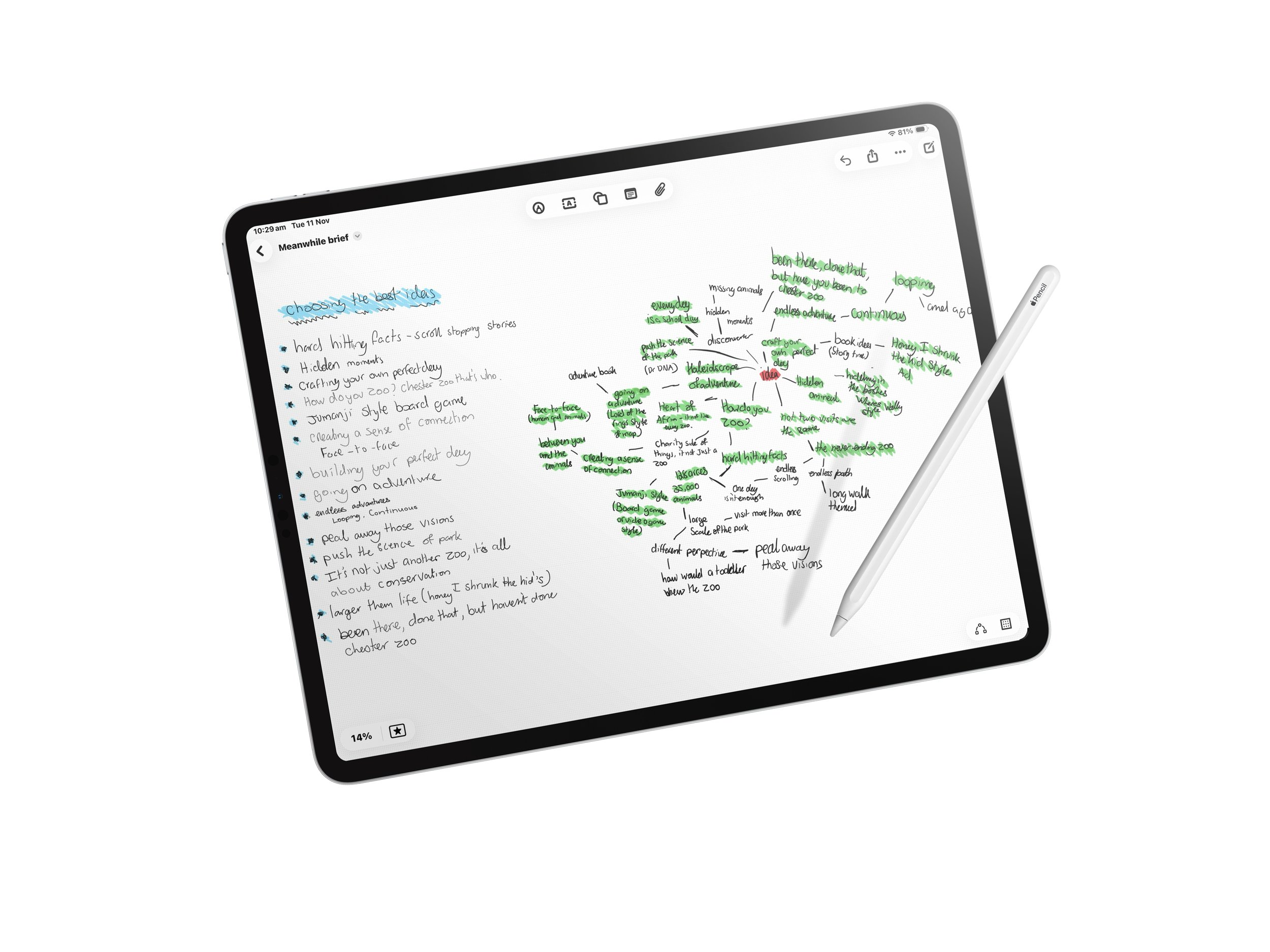 Tablet displaying colorful handwritten notes and mind maps with a stylus on the side.