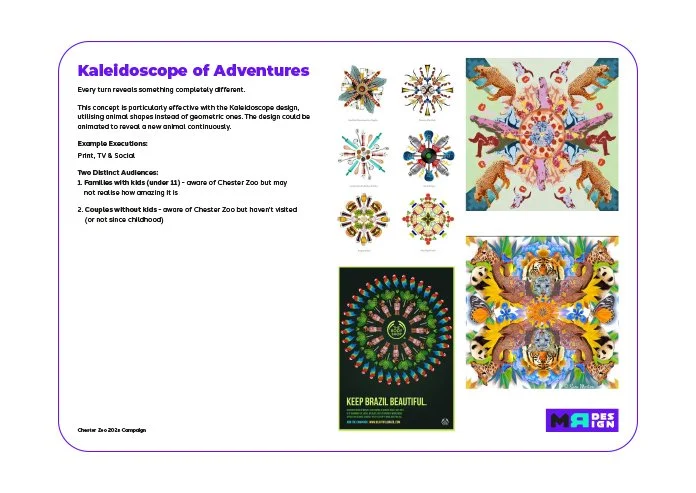 A flyer titled "Kaleidoscope of Adventures" featuring colorful kaleidoscopic designs including animals, a logo for Chester Zoo, and text about engaging audiences with kaleidoscope images.