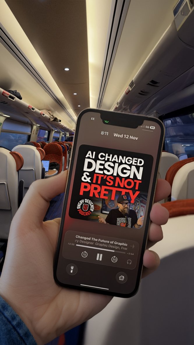 Hand holding a smartphone displaying a podcast titled "AI Changed Design & It's Not Pretty" inside an airplane cabin with red and white seats.