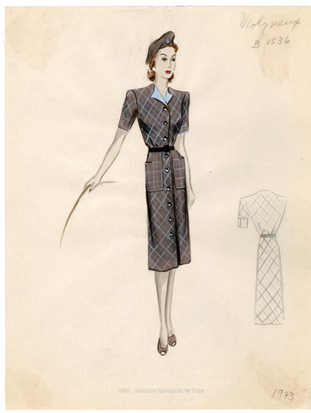 1943 Bergdorf Goodman’s Molyneux Collection. Classic example of the utility shirtdress during WWII. 