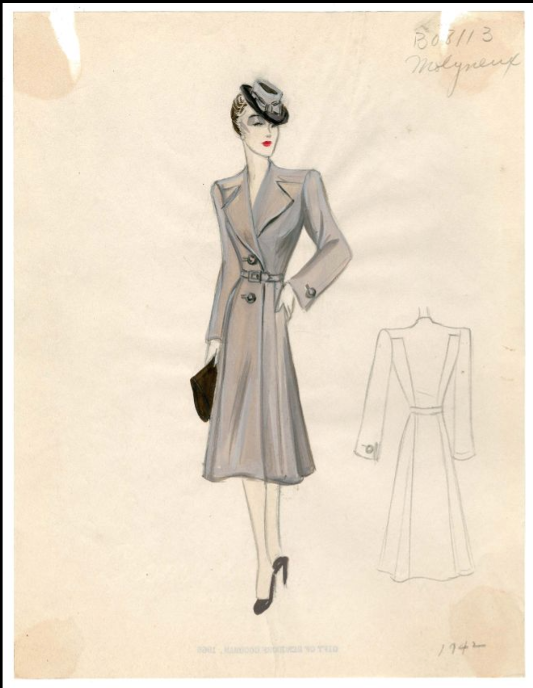 1942 Molyneux collection. The dress features the traditional well-structured elements of a utility shirt dress, but adds extra flair with its suit-like neckline and larger buttons. 