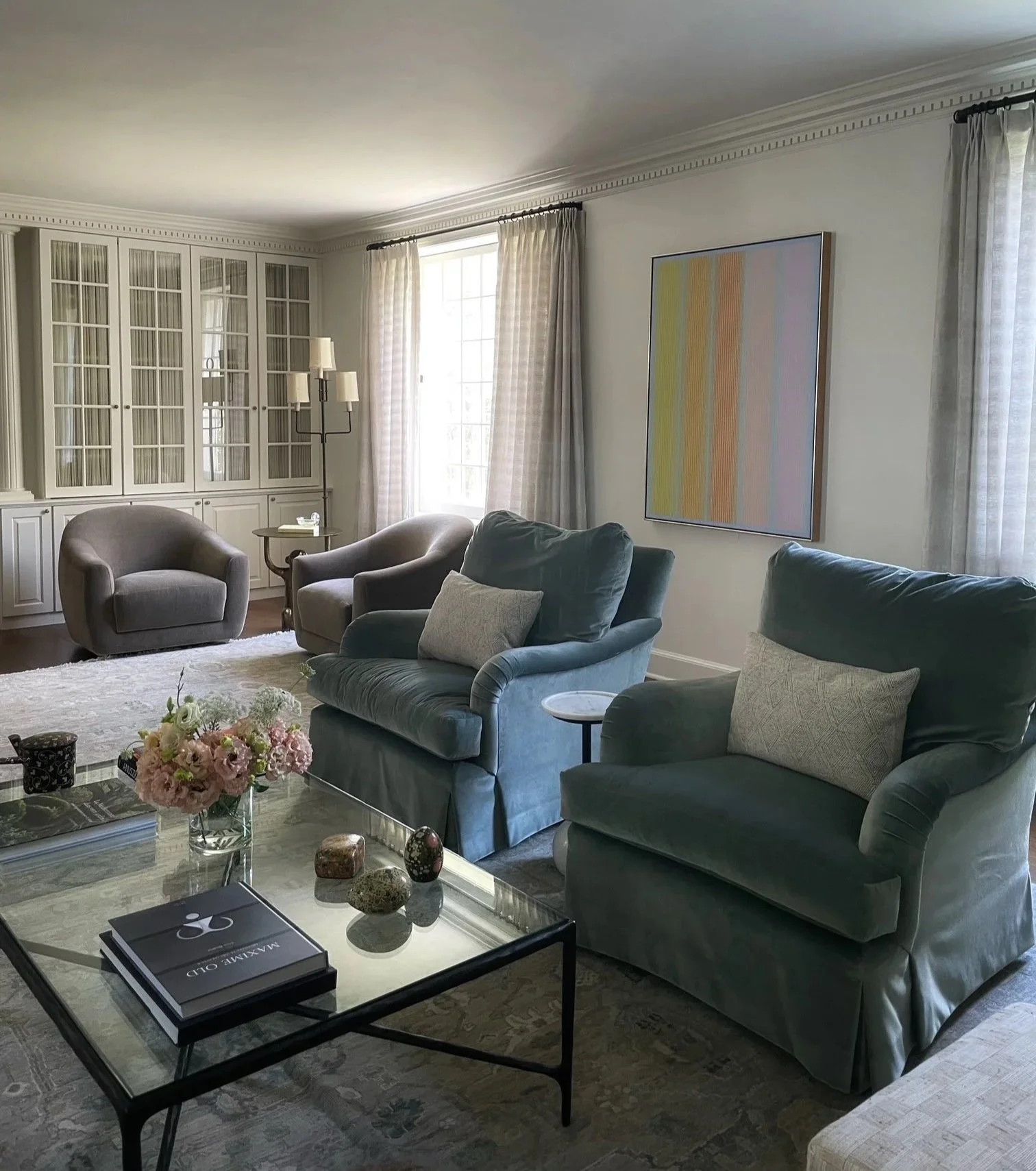 Harmonious renovated living room. Calm and peaceful atmosphere.