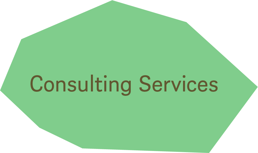 Green irregular shape with the words "Consulting Services" written in brown.