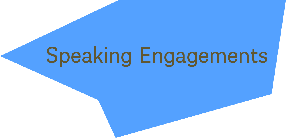 Blue arrow shape with the words "Speaking Engagements" written inside in brown text.