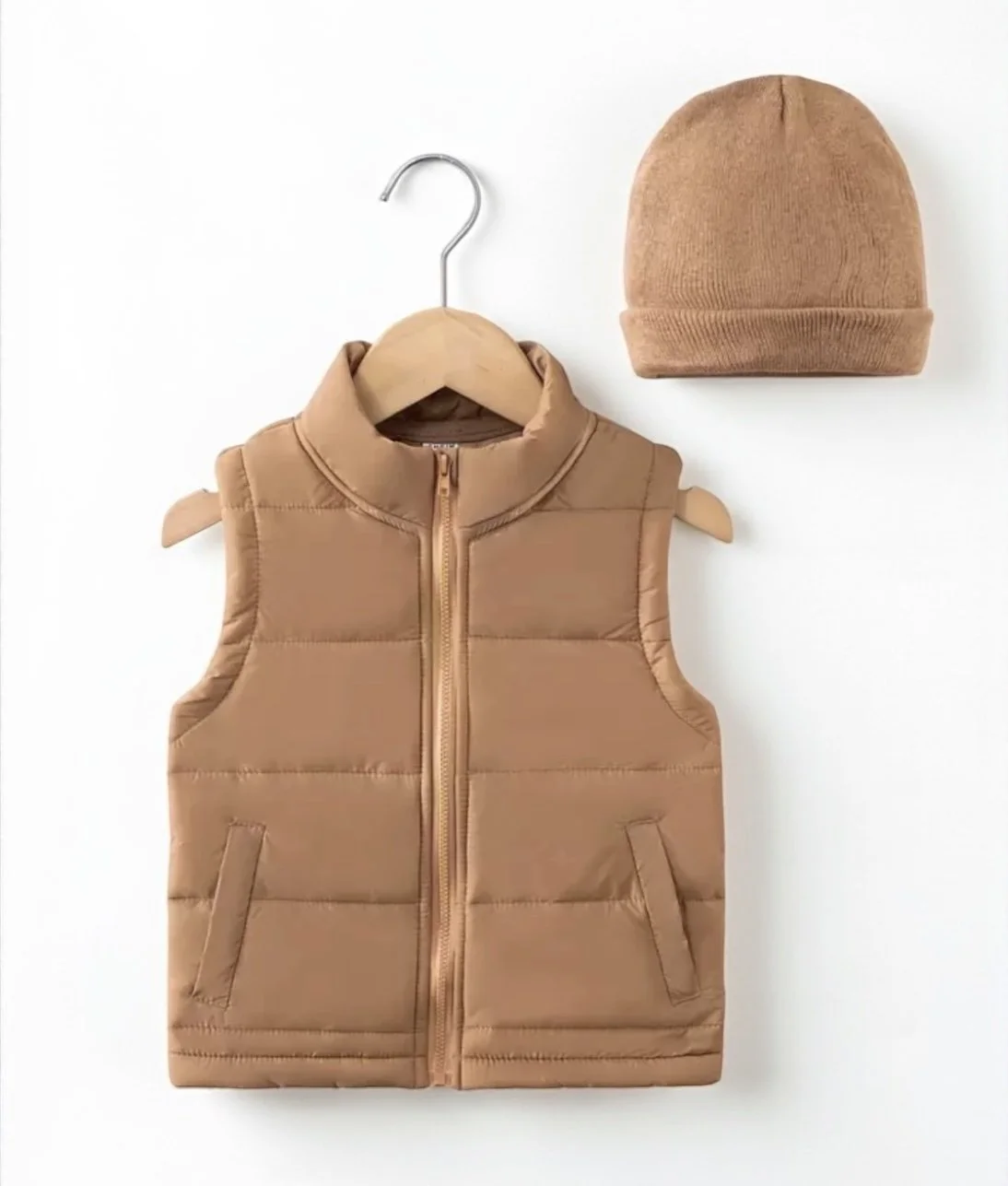 Khaki Puffer Vest With Beanie Hat