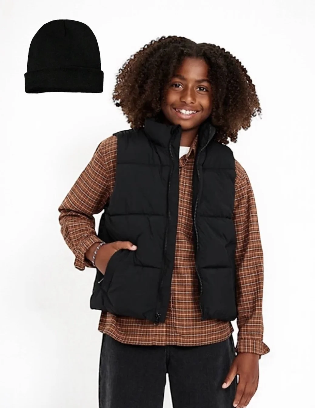Puffer Vest & Matching Beanie Hat Set- Sleek Black