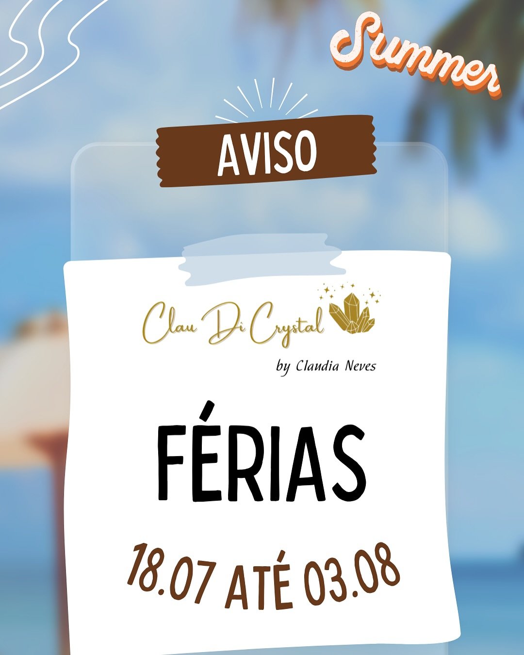 ✨ Aviso de Férias ✨
Estarei de férias de verão de 18.07 a 03.08 🌴☀️.
Durante esse tempinho de pausa, os pedidos ficarão em espera e serão retomados com muito carinho a partir de 04.08. 💫
Obrigada pela compreens&