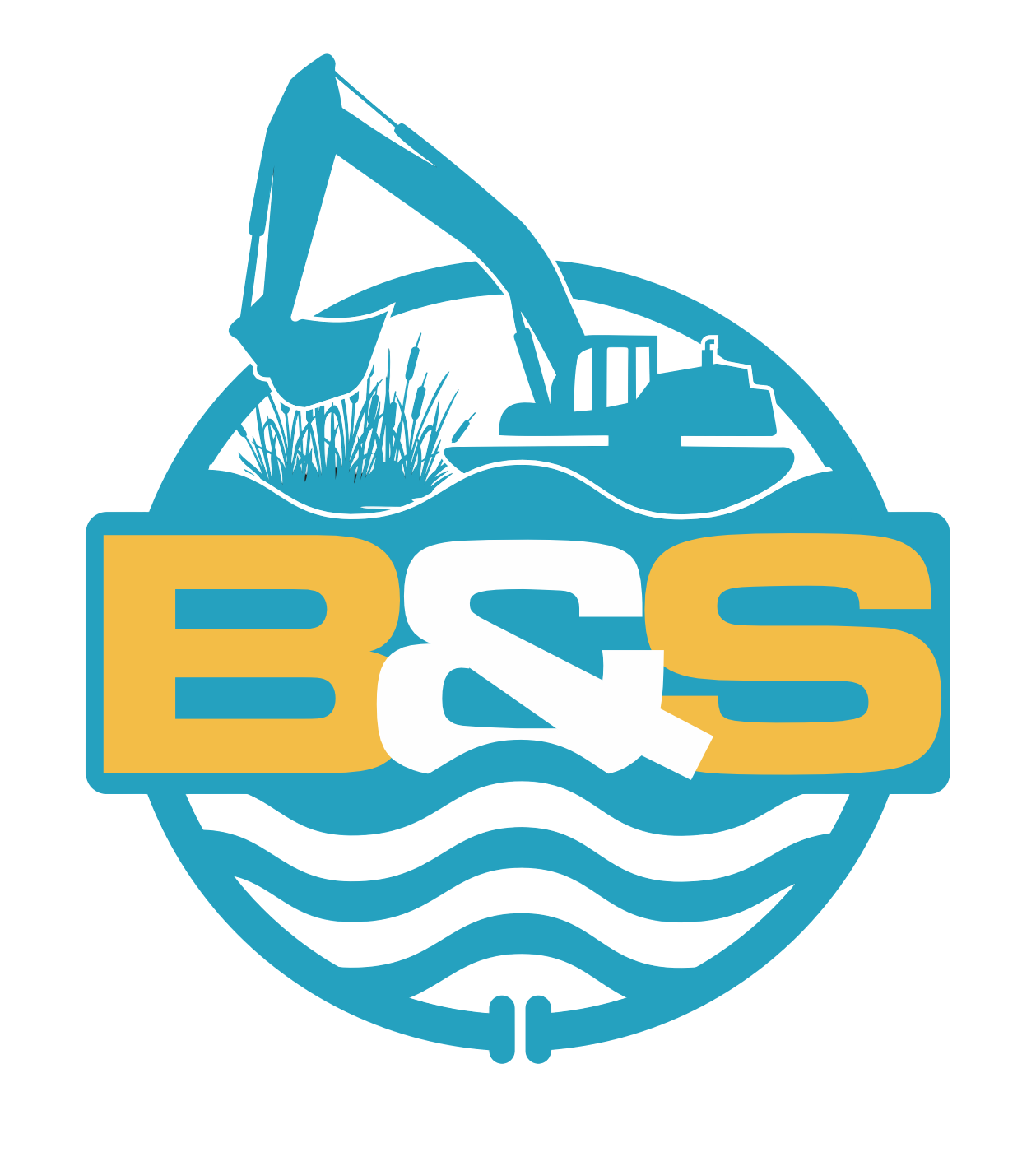 Logo with a blue excavator, water waves, and the letters B&S in yellow and white.