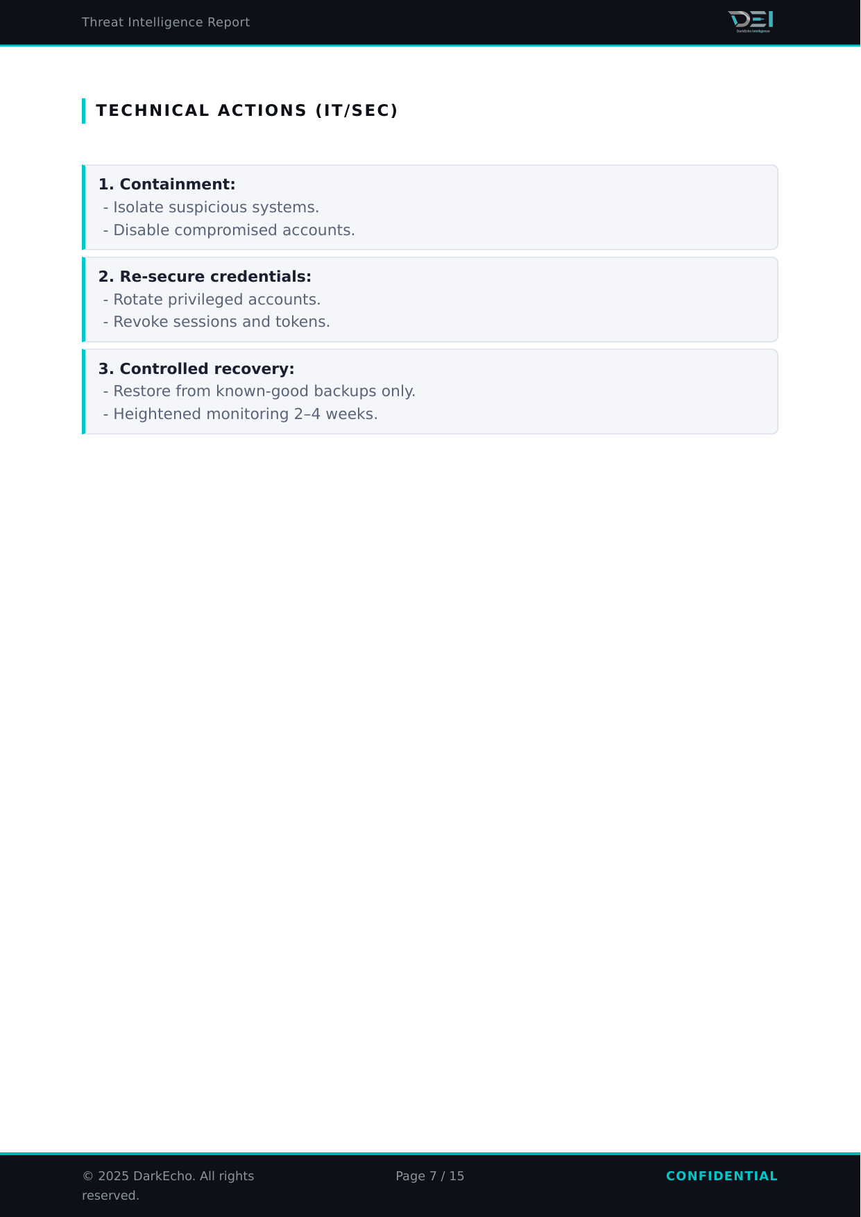 A section of a threat intelligence report focusing on technical actions in IT and security, including containment measures, re-secure credentials, and controlled recovery, with a dark and teal color theme.
