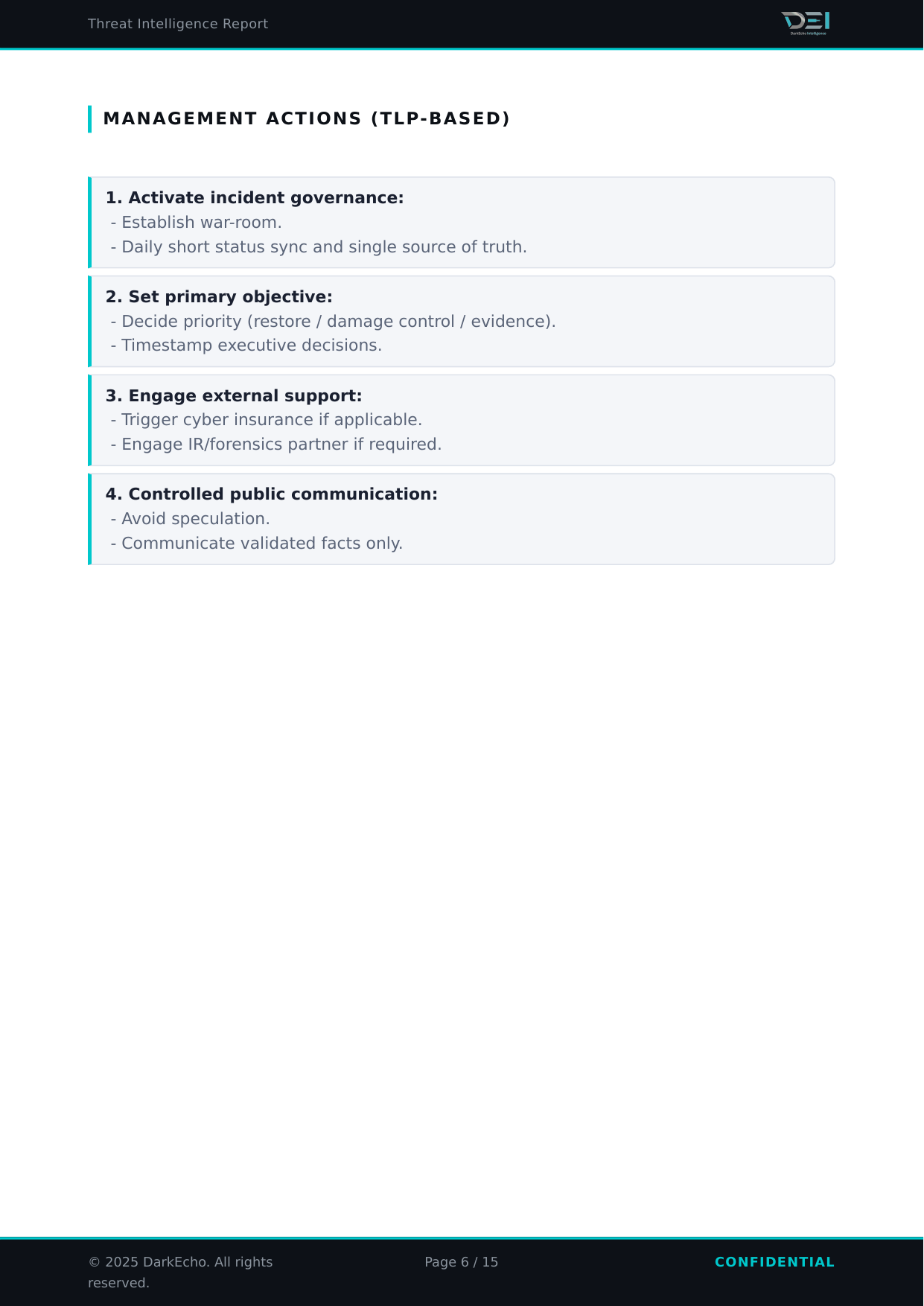 A screenshot of a Threat Intelligence Report page focusing on management actions for incident response, with sections on activating incident governance, setting primary objectives, engaging external support, and controlled public communication.