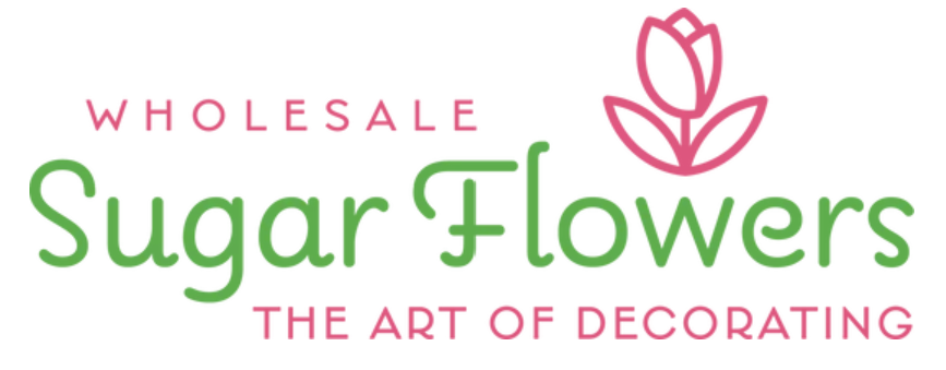 Logo for Wholesale Sugar Flowers featuring a pink flower icon and green and pink text.