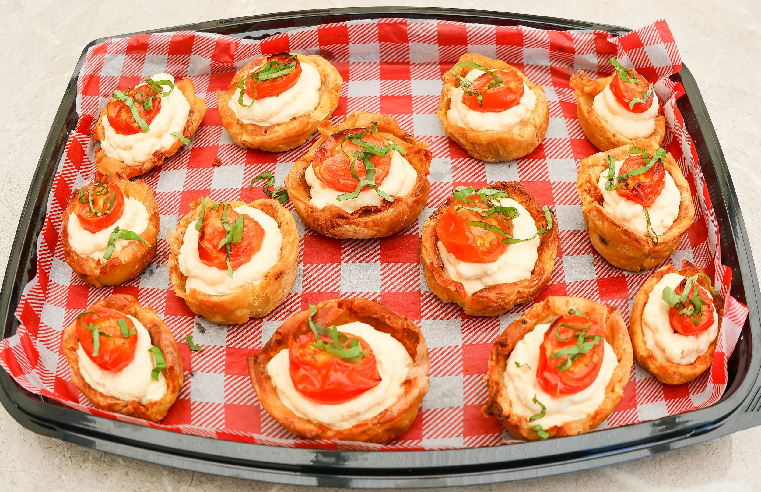 Canapes - Smashed Roast Potatoes with Egg Mayo & Roasted Tomatoes