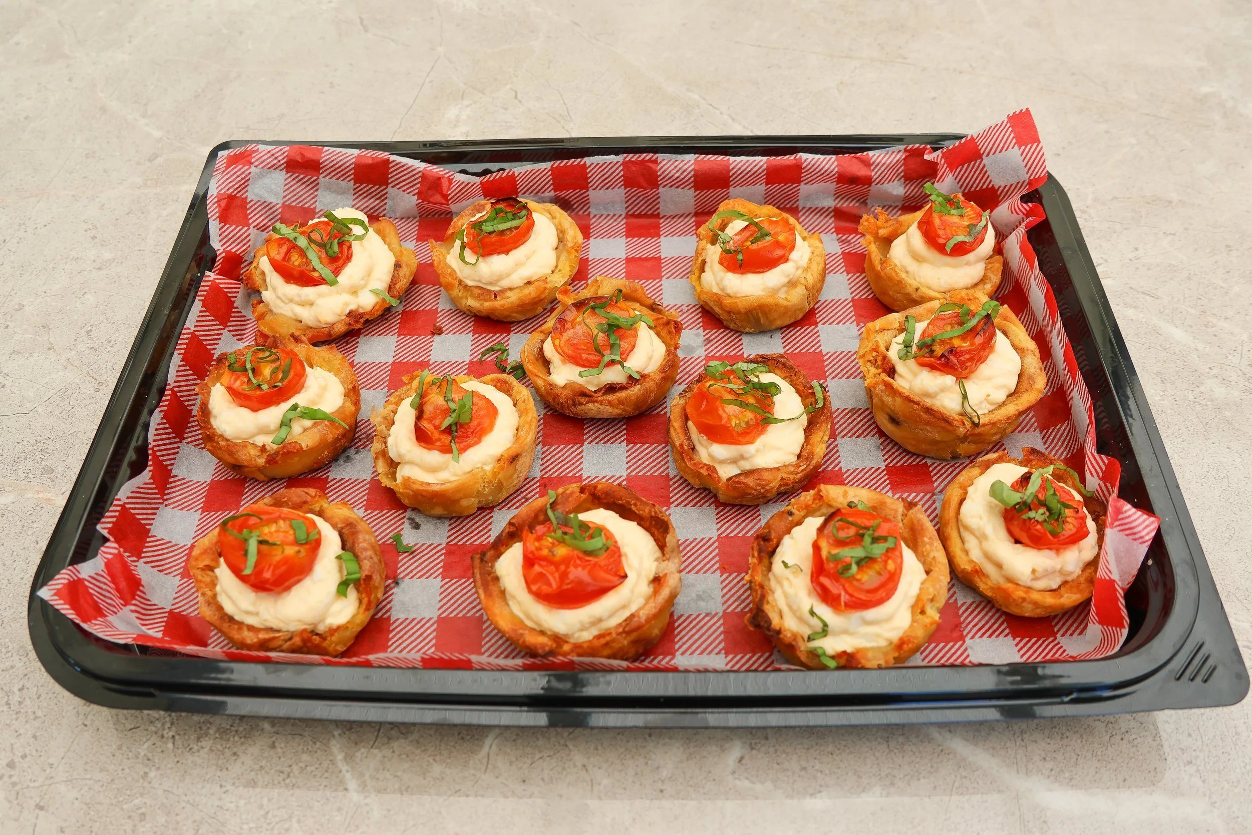 Canapes - Smashed Roast Potatoes with Egg Mayo & Roasted Tomatoes