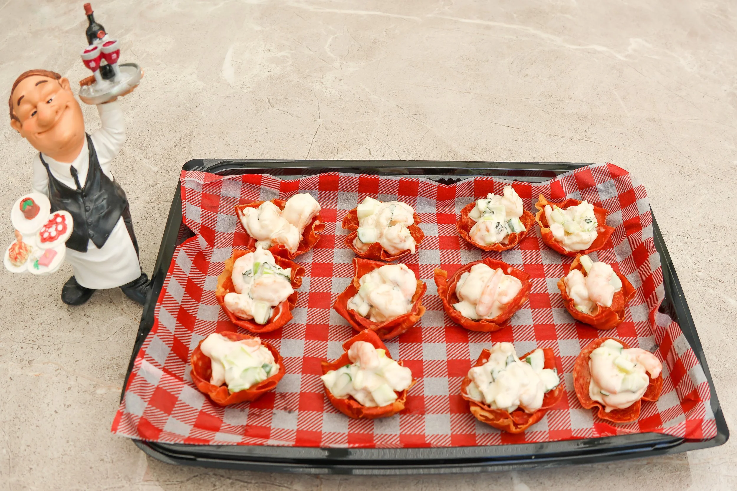 Canapes - Parma Ham cups with King Prawns Spring Onions & Cucumber