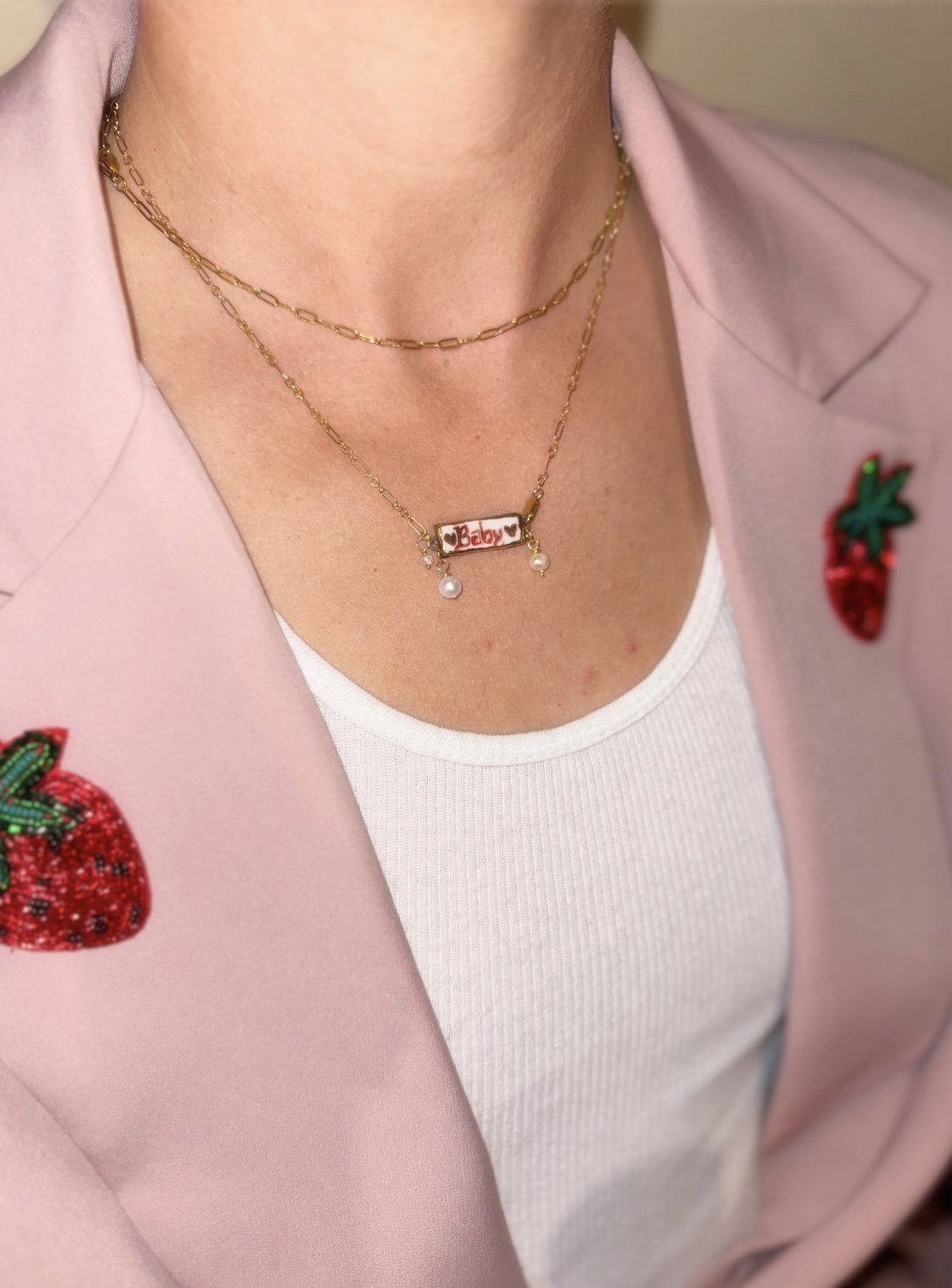 "Baby" Porcelain Charm and Pearl Necklace