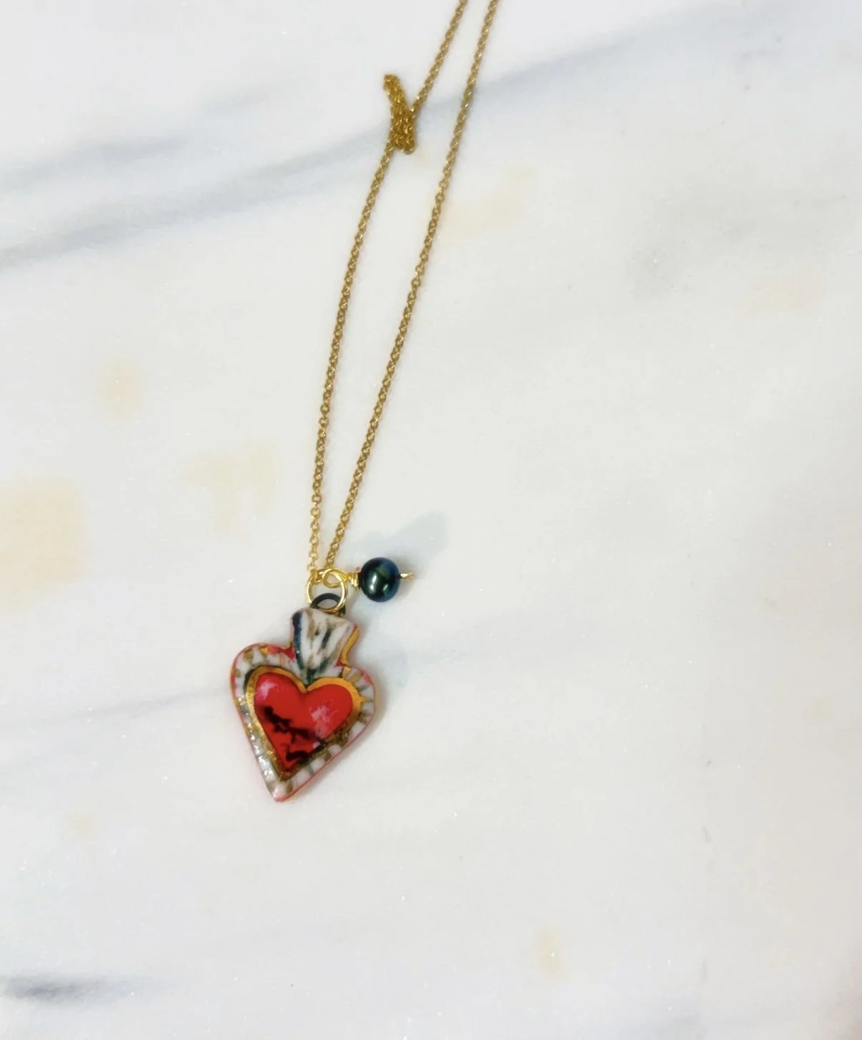 Sacred Heart Porcelain Charm Necklace with Black Pearl