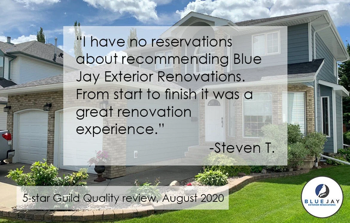 Satisfied client testimonial for Blue Jay Exterior Renovations from their client,  Steven T.