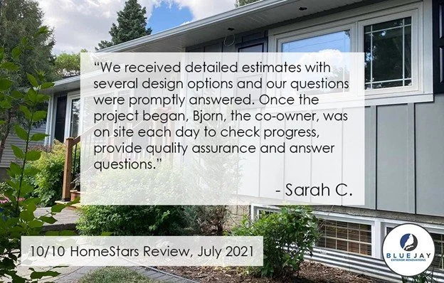 Satisfied client testimonial for Blue Jay Exterior Renovations from their client,  Sarah C.