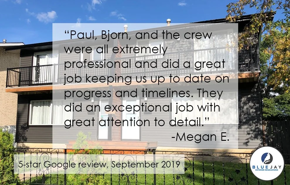 Satisfied client testimonial for Blue Jay Exterior Renovations from their client,  Vestid properties.