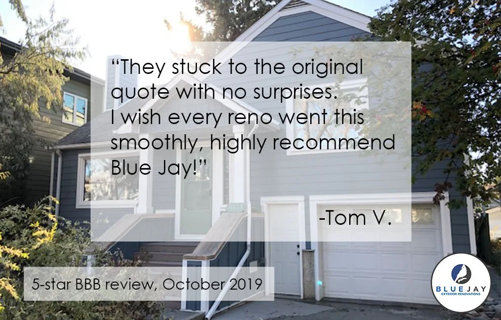 Satisfied client testimonial for Blue Jay Exterior Renovations from their client,  Tom V.