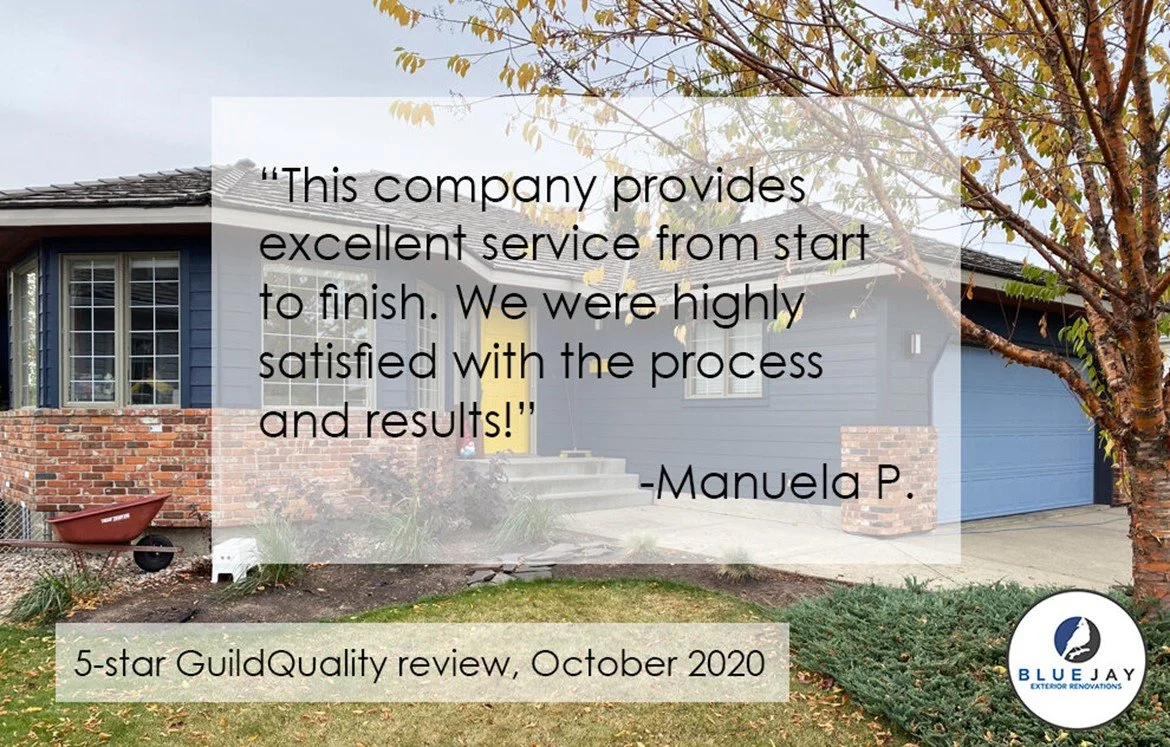 Satisfied client testimonial for Blue Jay Exterior Renovations from their client,  Manuela.