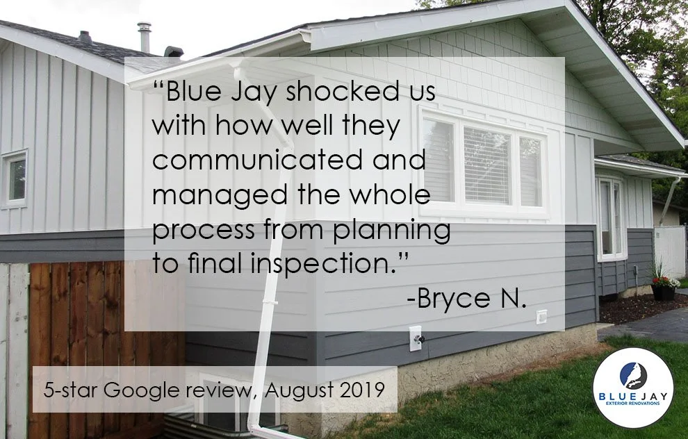 Satisfied client testimonial for Blue Jay Exterior Renovations from their client,  Bryce N.