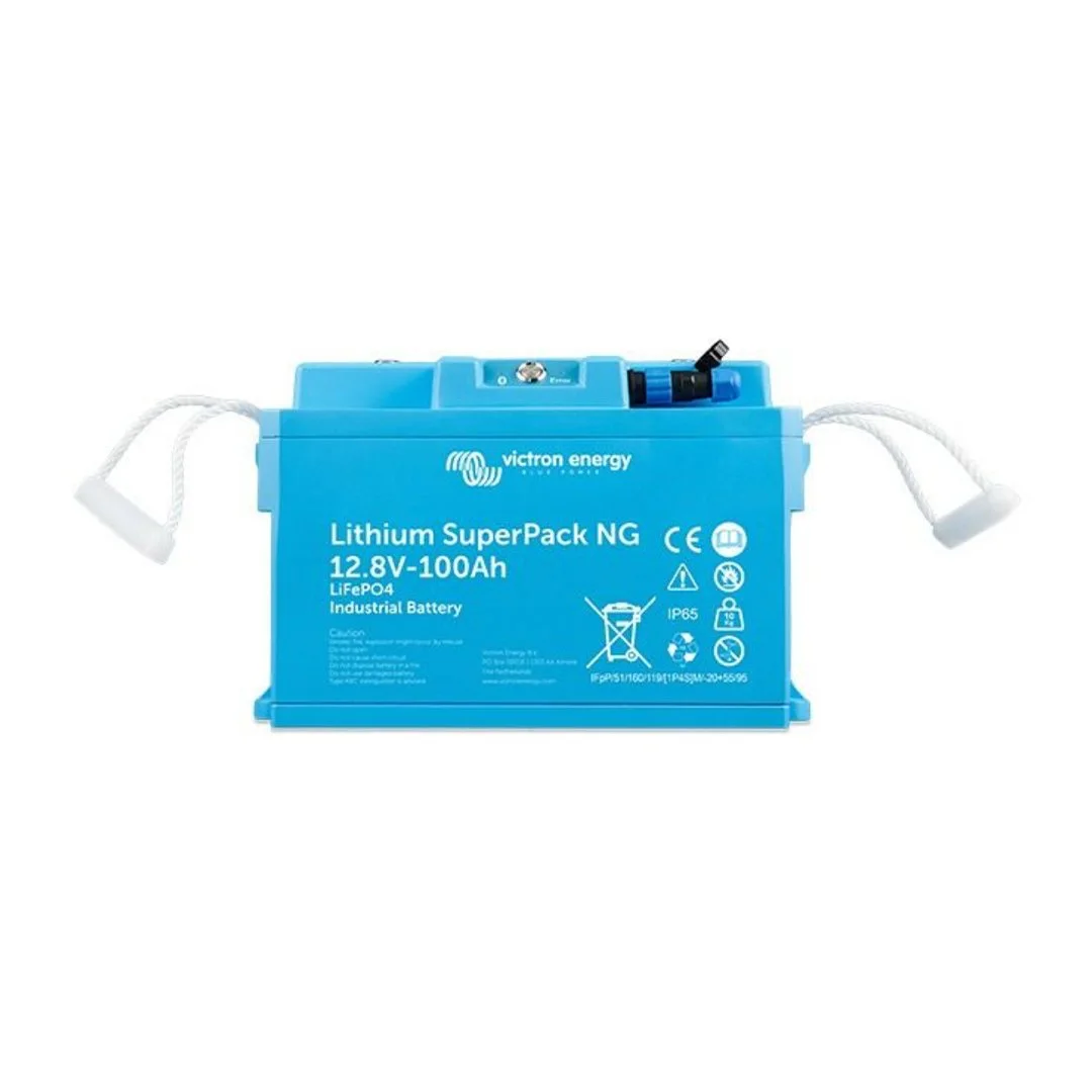 Blue lithium-ion industrial battery with white straps labeled 'Lithium SuperPack NG 12.8V-100Ah' by Victron Energy.