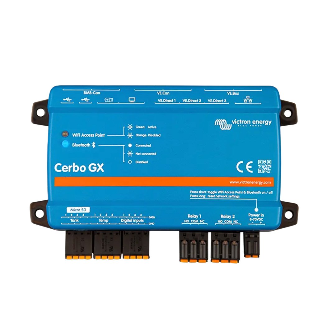 Blue electronic device labeled Cerbo GX by Victron Energy with various ports, connectors, and status indicators for energy management system.