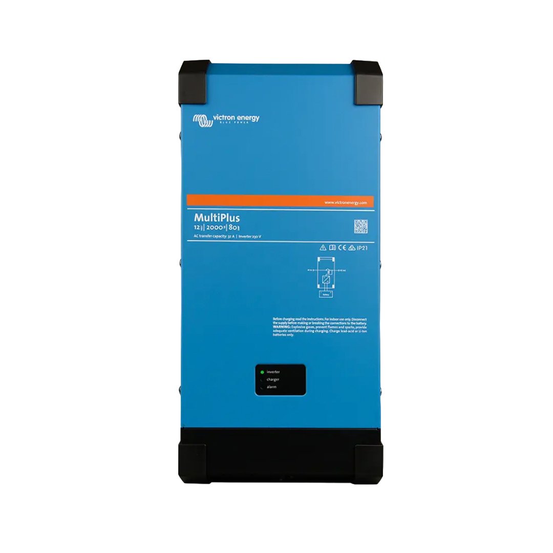 Blue Victron Energy MultiPlus inverter and charger device with labels and display panel