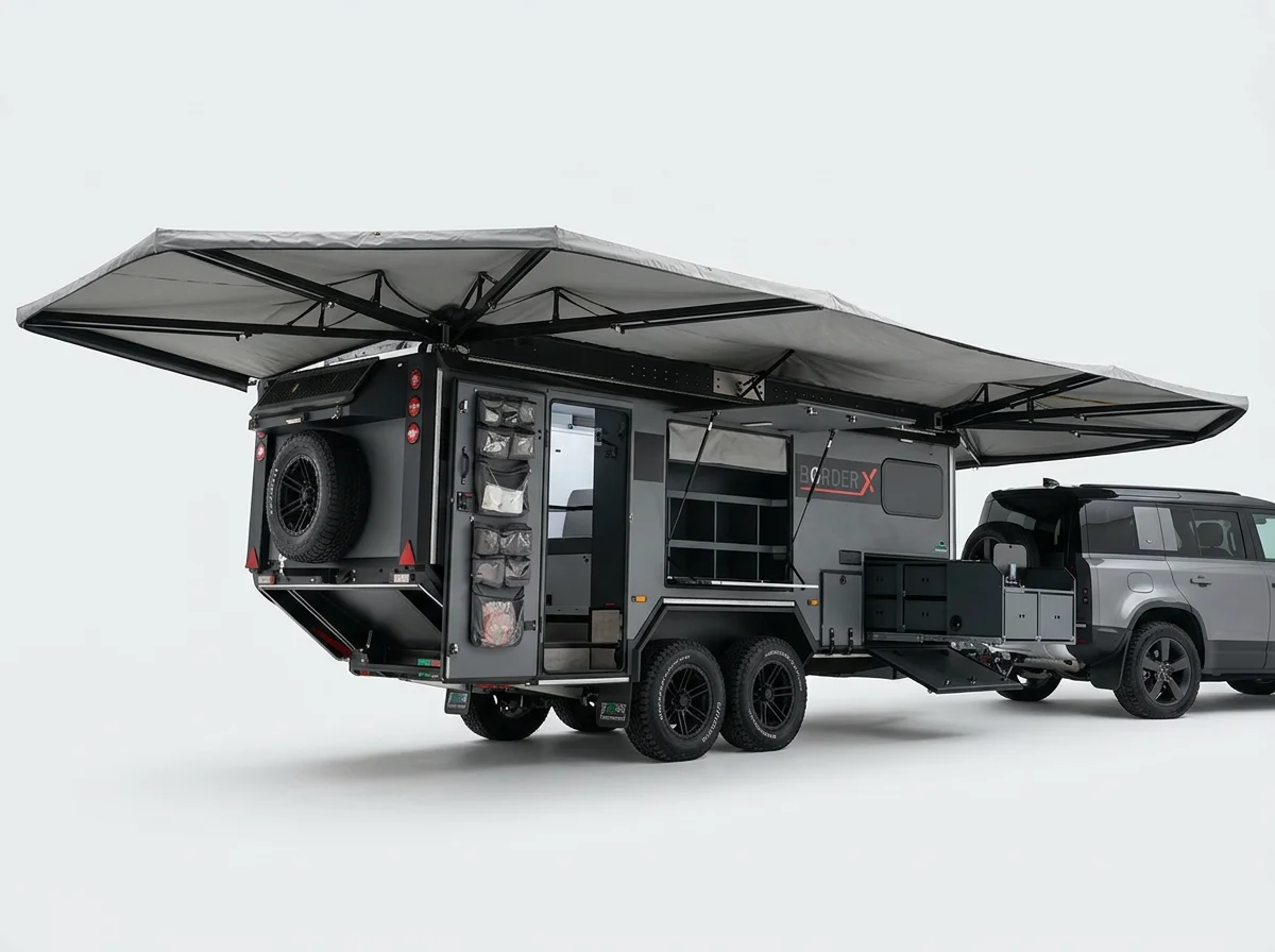 A large, black, off-road BorderX Expedition with a pop-up roof and outdoor camping gear, attached to a silver SUV.