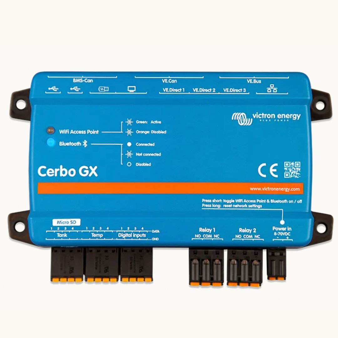Blue digital energy control device with multiple connection ports and status indicator lights, labeled 'Cerbo GX' by Victron Energy.