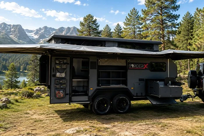 Black off-road BorderX camper trailer with extended awning set up in a wooded mountain area with lake and snow-capped peaks in the background.
