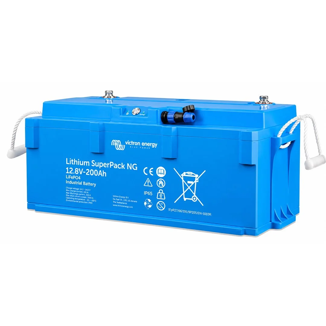 Blue lithium-ion battery with labels and symbols for industrial use